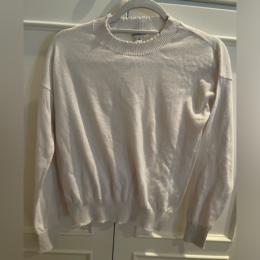 Minnie rose women’s white cotton sweater frayed edge size xs